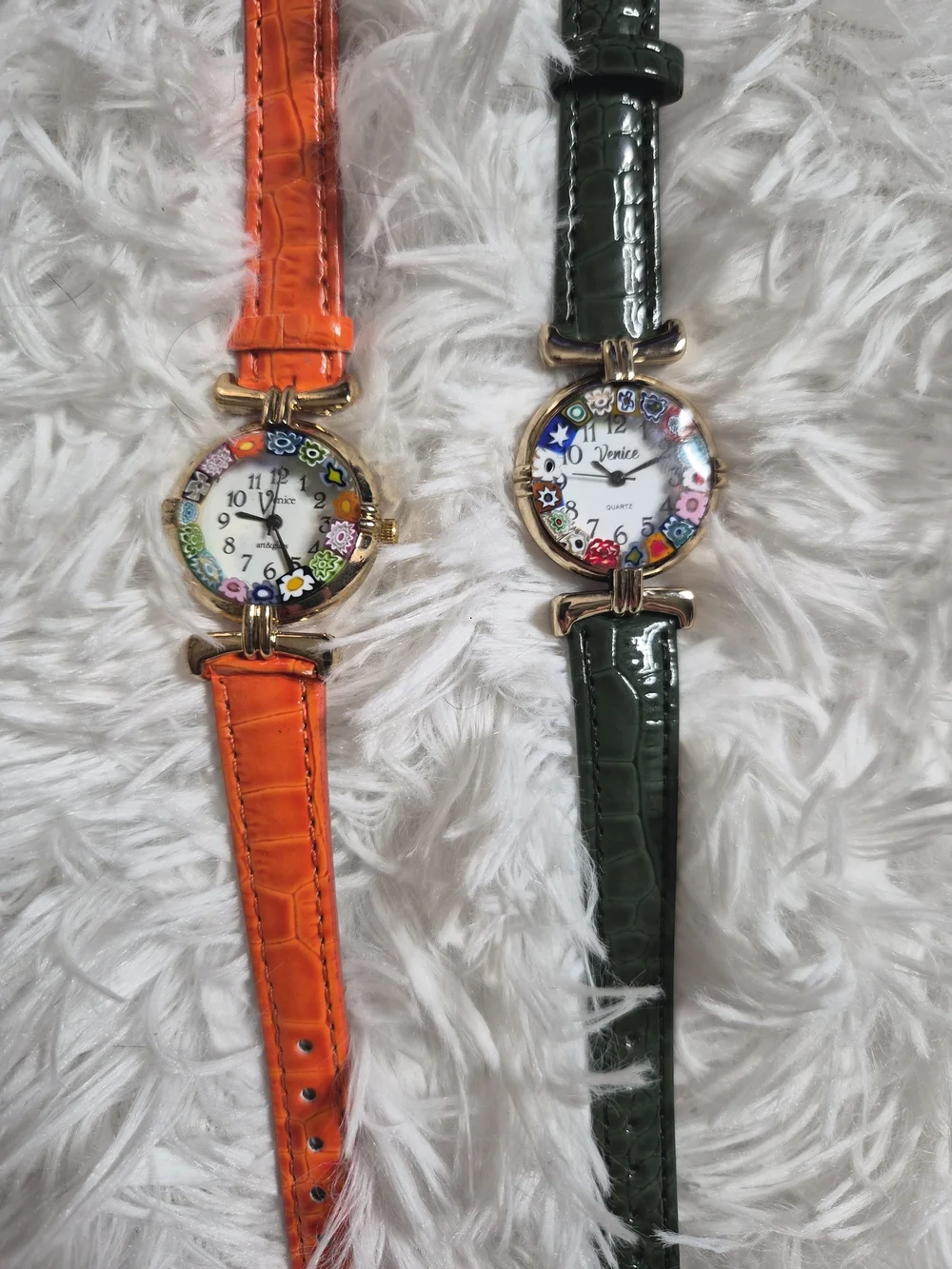 Womens Venice Watch Bundle Duo Set Green Orange Band Gold Tone Art And Glass Art